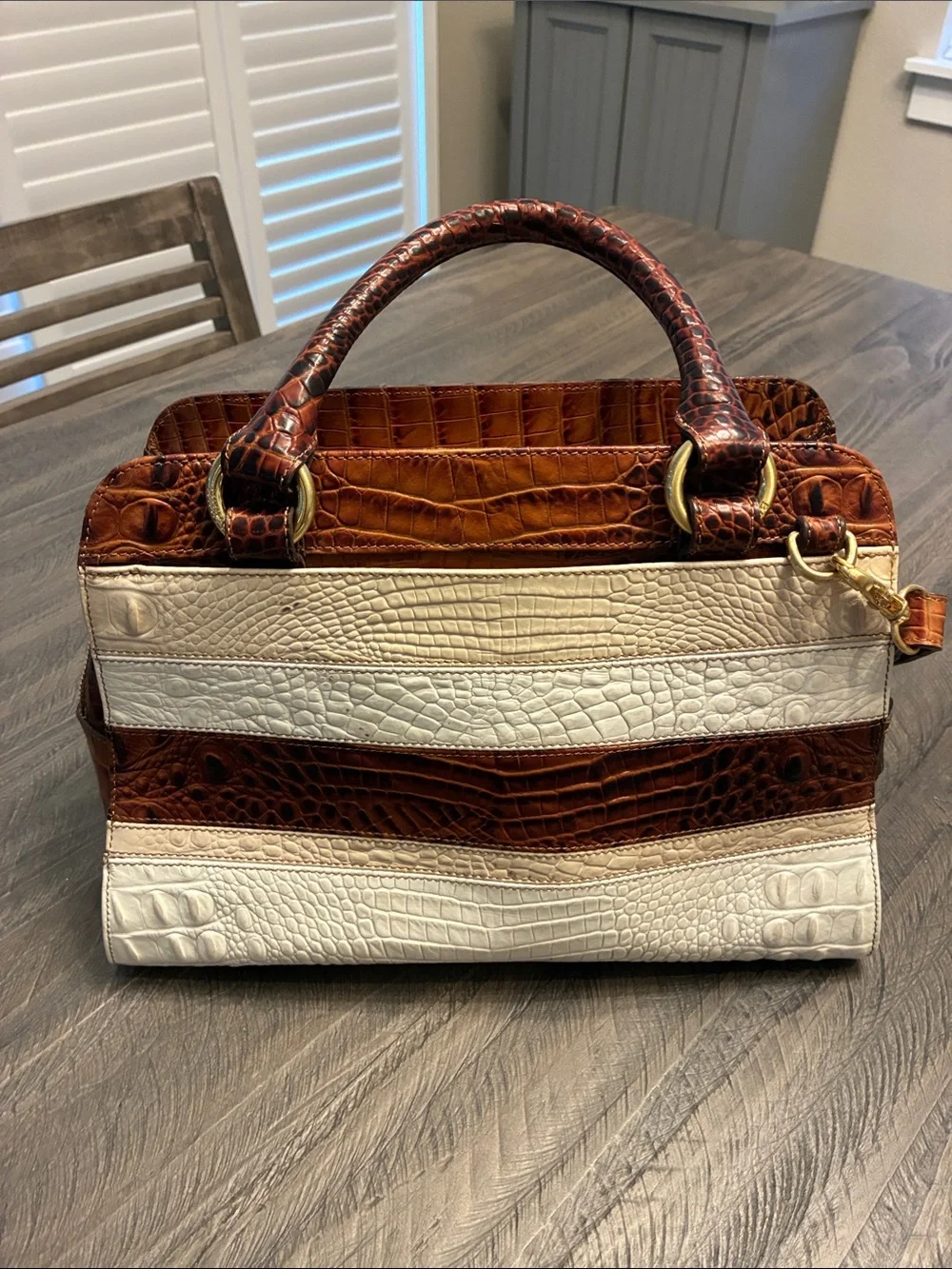 Brahmin Mandy Whisper Vineyard Brown and White Croc-Embossed Stripe Satchel